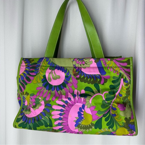 Rare Kate Spade Icon Green Floral Print Zip-Top Tote Bag Canvas Leather Handles - Picture 2 of 15